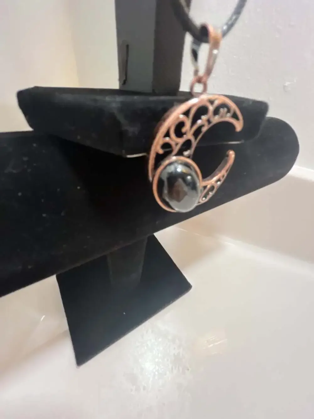 Vintage Hollow Crescent Moon Pendant with Black Stone on Black Cord